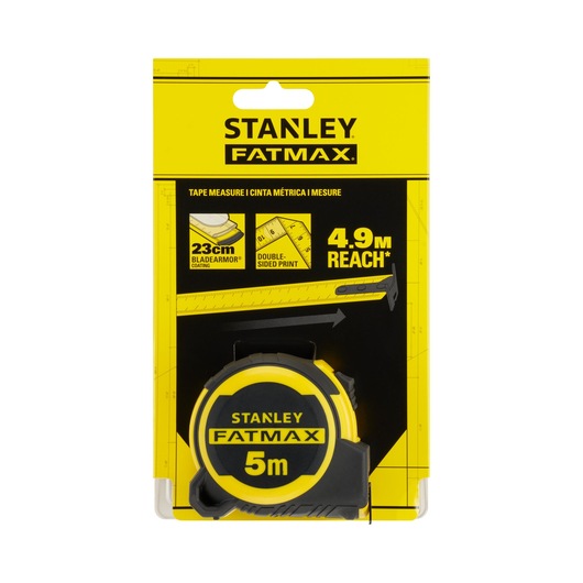 Photo of STANLEY FATMAX 5m tape measure, SKU FMHT33100-0, in yellow and black packaging, front angle.