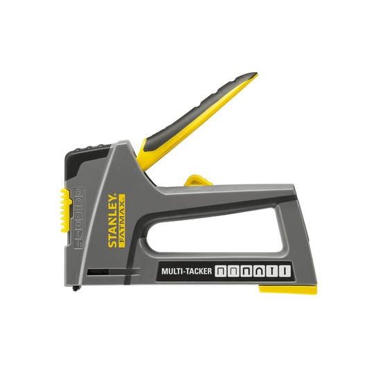 STANLEY FMHT6-70868 hand stapler, gray and yellow, side view on white background.