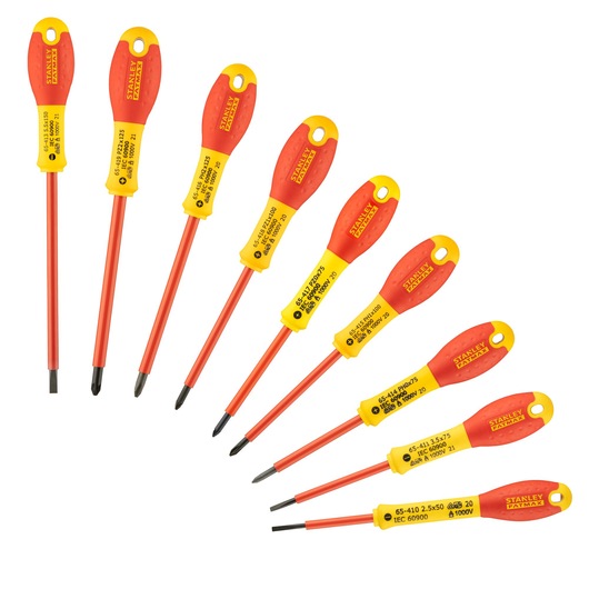 Stanley screwdriver set with red and yellow insulated handles, arranged in a row on a white background.