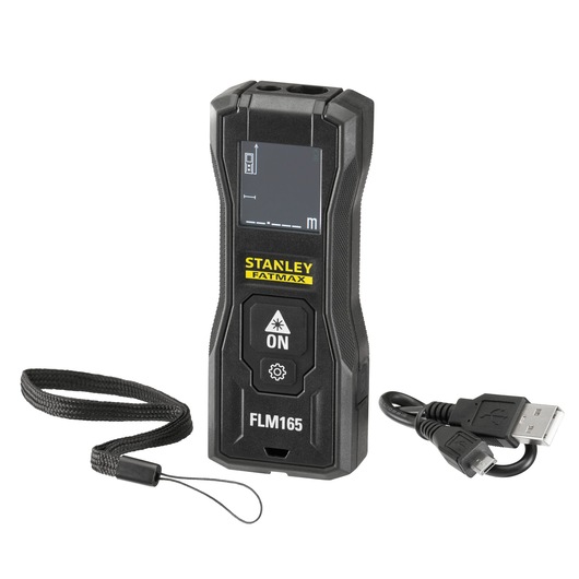 Stanley FLM165 laser distance measurer with wrist strap and USB charging cable, shown on white background.