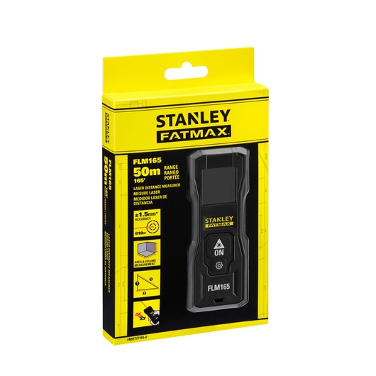 Photo of STANLEY FMHT77165-0 laser distance measurer in yellow retail packaging, front angle.