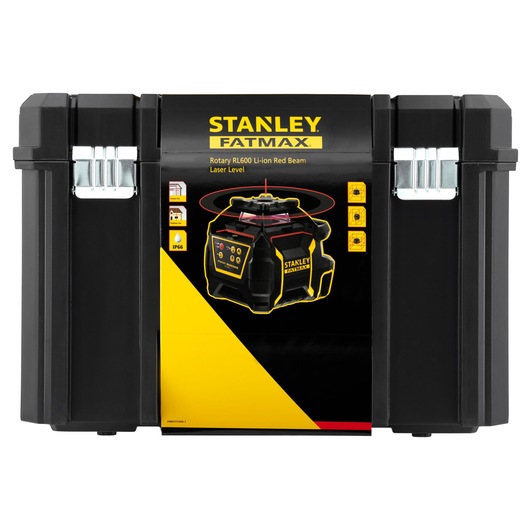 Stanley FMHT77446-1 rotary laser level case, black with yellow graphics, front angle.