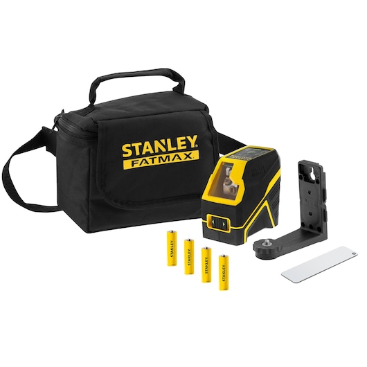 Stanley Fatmax laser level set includes a carrying bag, batteries, mount, and tool for precise measurements.