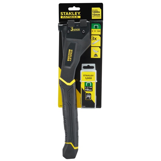 STANLEY FMHT81394-9 staple hammer front view, black and yellow handle, packaged with staples.