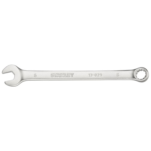 Photo of STANLEY FMMT13029-0 combination wrench, chrome finish, open-end and box-end, top view on white background.