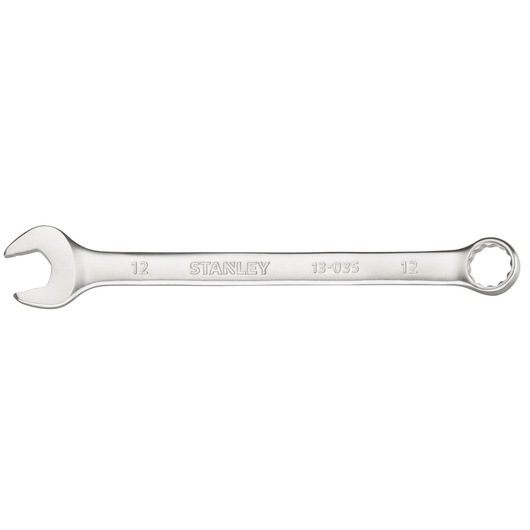 STANLEY FMMT13035-0 combination wrench with open and box ends, silver finish, top angle on white background.