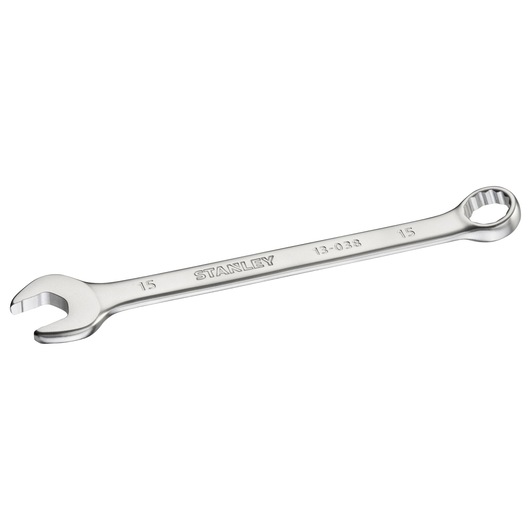 STANLEY FMMT13038-0 combination wrench, silver metal, 15mm size, angled on white background.