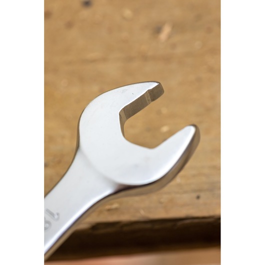 STANLEY FMMT13072-0 open-end wrench close-up, silver finish, tool on wooden surface.