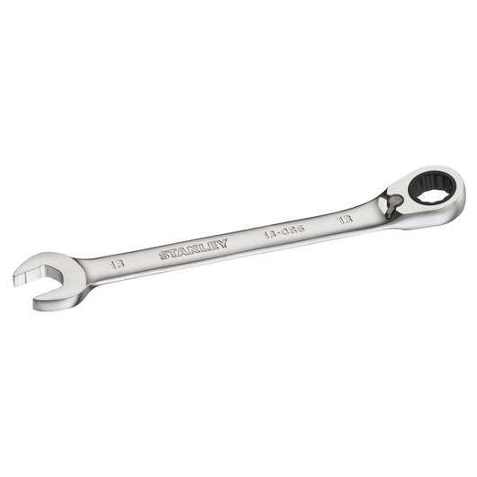 STANLEY FMMT13086-0 ratcheting combination wrench, silver, flat side angle, hand tool.