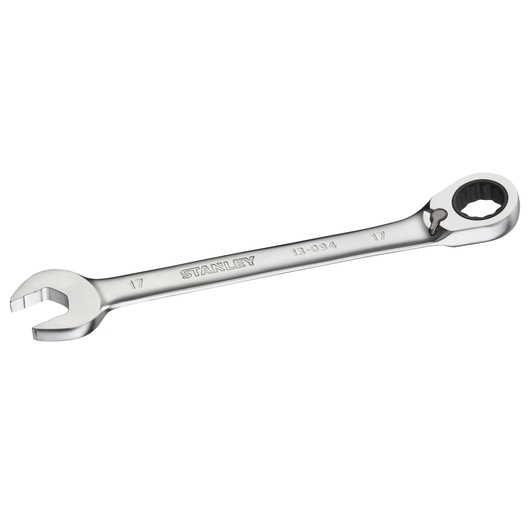 Stanley FMMT13094-0 chrome combination ratcheting wrench 17mm, product photo on white background.