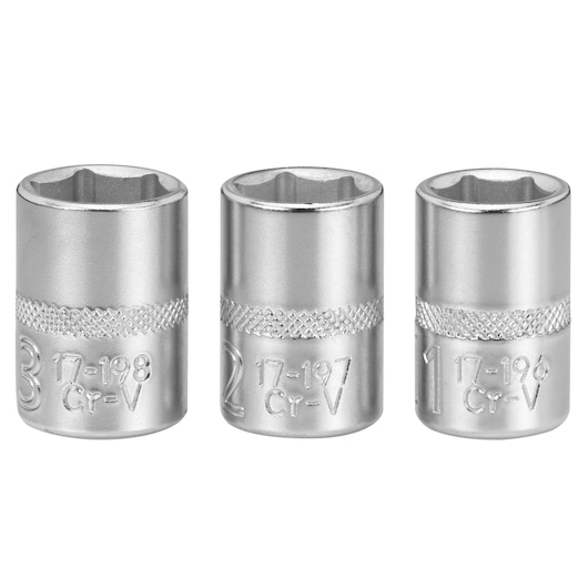 Three chrome socket wrenches with embossed numbers and text, displayed upright side by side.