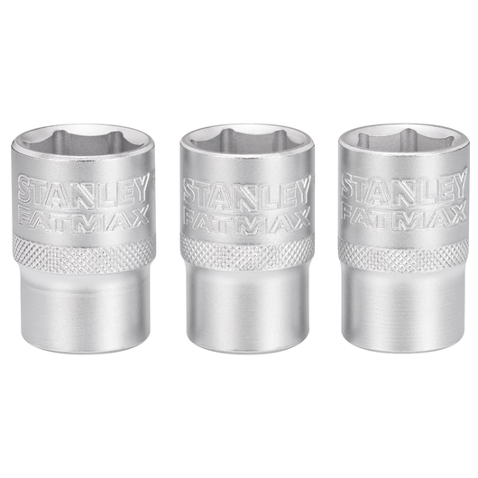Three metallic Stanley Fatmax sockets with knurled grip are shown side by side against a white background.