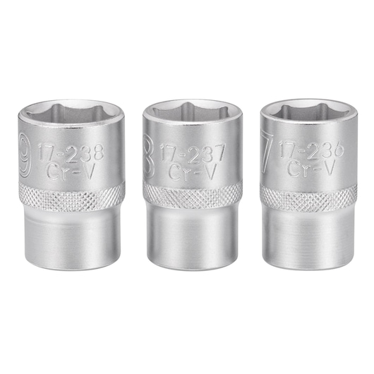 Three silver STANLEY sockets of different sizes, with knurled grip and engraved size markings.
