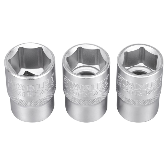 Three metallic Stanley Fatmax socket wrenches are shown upright, side by side on a white background.