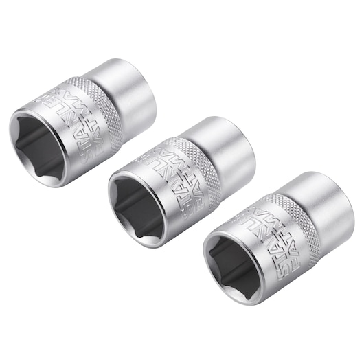 Three silver STANLEY socket wrenches arranged diagonally on a white background.