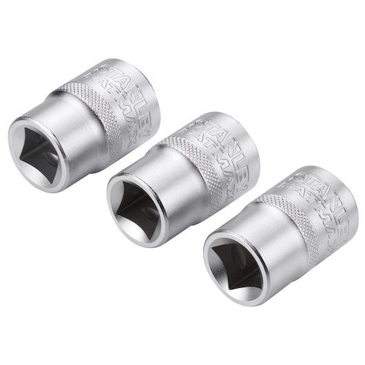 Photo of three STANLEY socket wrenches, model FMMT17094-0, silver finish, angled on white background.