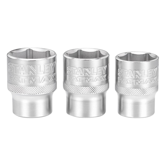 Three STANLEY FATMAX metal socket wrenches are shown standing upright side by side.
