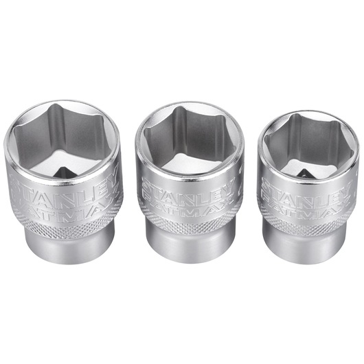 Three silver Stanley FatMax socket wrench heads arranged side by side against a white background.