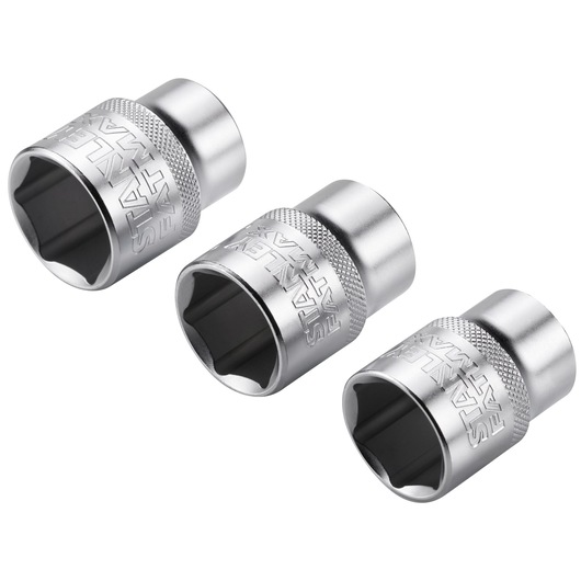 Three STANLEY FatMax metal sockets for wrenches, silver finish, angled view.