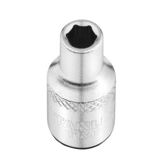 STANLEY FMMT17186-0 chrome socket, top angle, knurled grip, photography with white background.