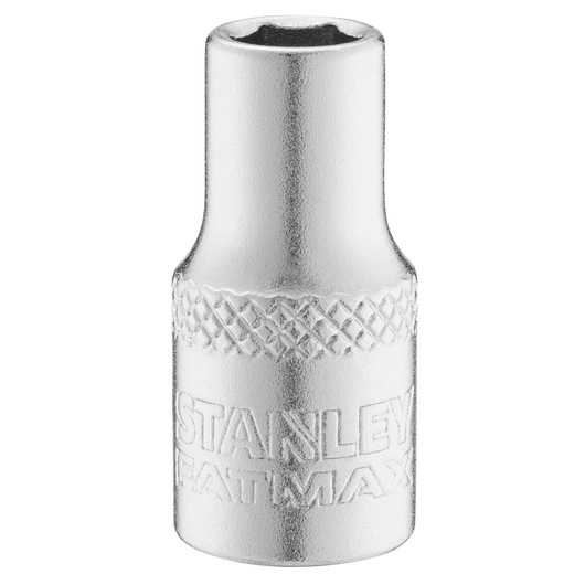 Photo of STANLEY FMMT17190-0 socket, silver finish, embossed logo, photography of tool on white background, front angle.