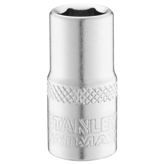 STANLEY FMMT17192-0 chrome socket, knurled grip, photography of tool, front angle on white background.