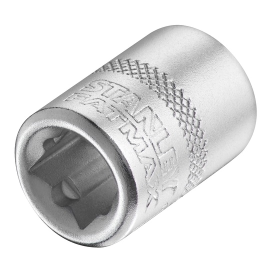 STANLEY FMMT17213-0 socket, silver, close-up angle, knurled grip, embossed STANLEY logo on surface.