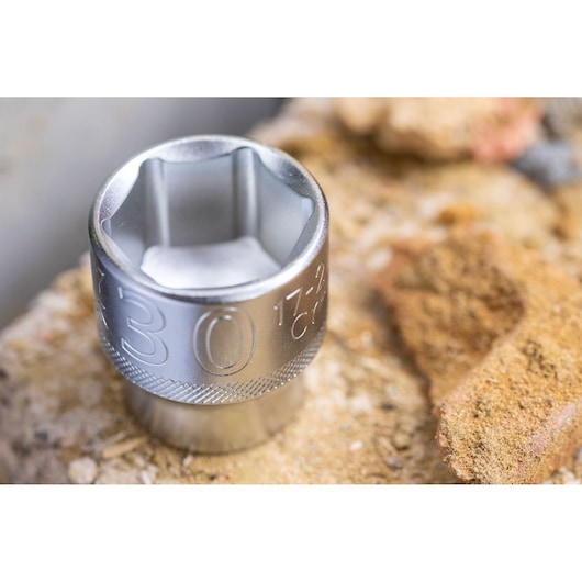 STANLEY FMMT17221-0 socket tool in silver finish, close-up view, shown on a rough surface.