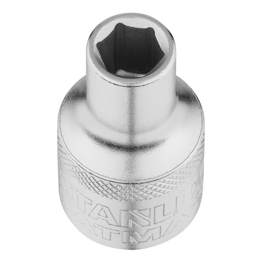 STANLEY FMMT17227-0 chrome socket, top angle, with knurled grip and engraved branding, hand tool accessory.