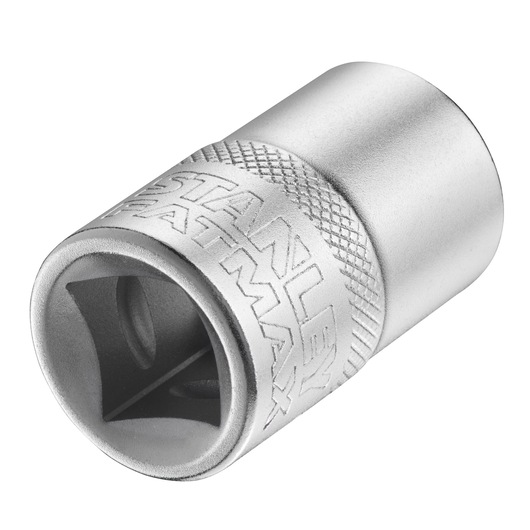 Photo of STANLEY FMMT17235-0 chrome metal socket, knurled grip, angled view on white background.