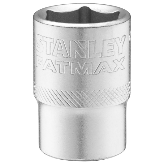 STANLEY FMMT17238-0 chrome socket, FATMAX branding, knurled grip, front angle, hand tool accessory.