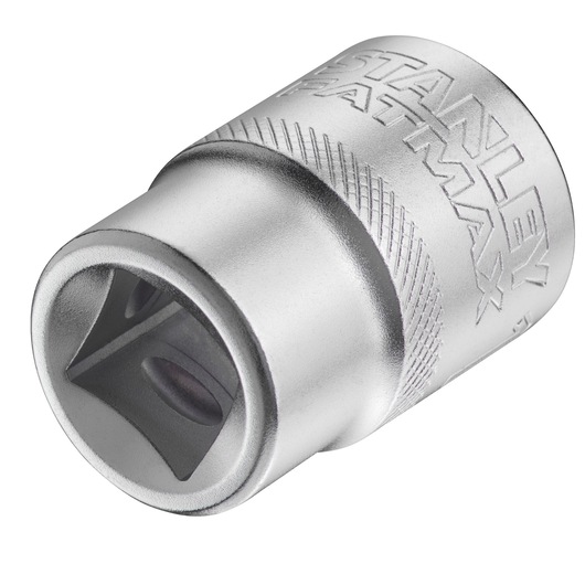 STANLEY FMMT17238-0 chrome socket adapter, close-up angled view, with etched brand logo, hand tool accessory.
