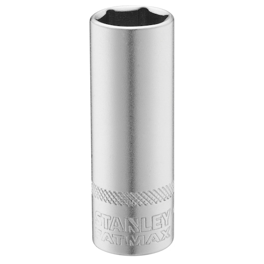 Photo of STANLEY FMMT17965-0 long silver socket tool, FATMAX branding, front angle, clean background.