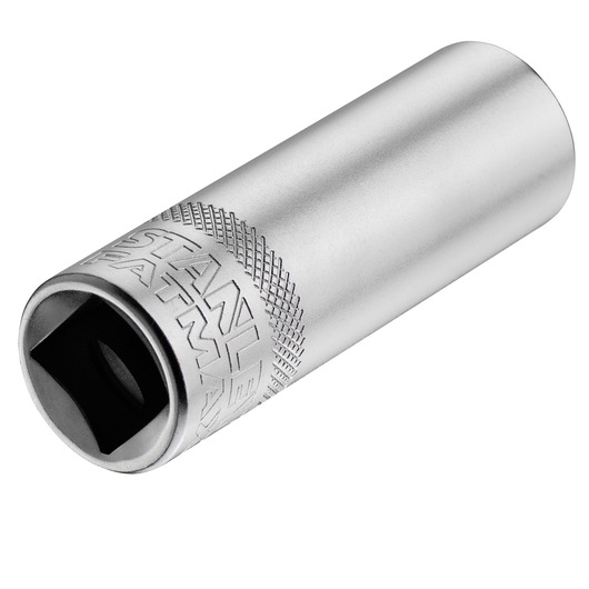 STANLEY FMMT17967-0 chrome deep socket, engraved logo, side angle on white background.