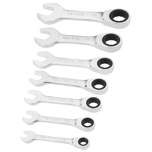 STANLEY FMMT82900-0 set of seven ratcheting combination wrenches, chrome finish, top-down angle on white background.
