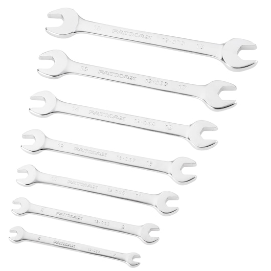 STANLEY FMMT82901-0 combination open-end wrench set, eight silver wrenches arranged diagonally, white background.