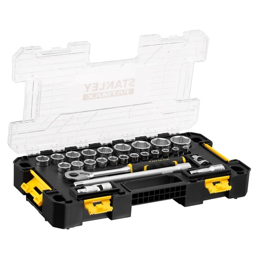 Socket and ratchet tool set in black plastic case with clear lid and yellow latches, arranged in rows.