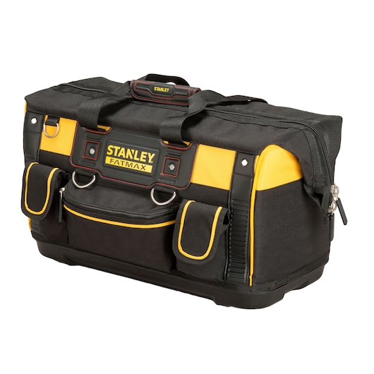 Stanley FATMAX black and yellow tool bag with handles, multiple pockets and zip closure.