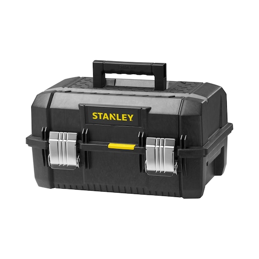STANLEY FMST1-71219 black plastic tool box with metal latches, front angle on white background.