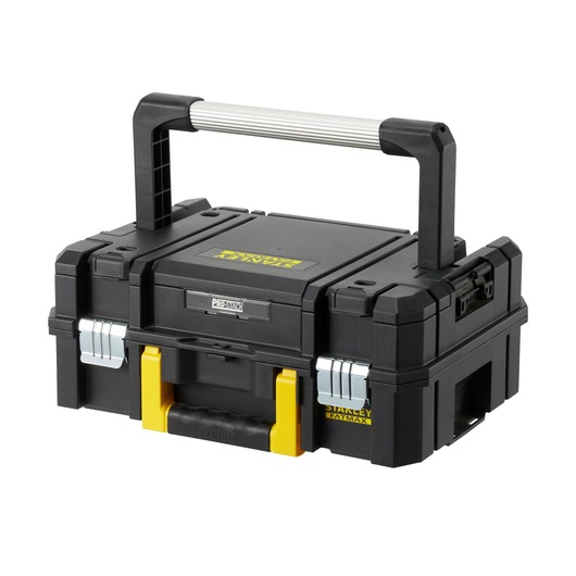 STANLEY FMST1-71967 tool box with large top handle, black with yellow accents, front angle, white background.