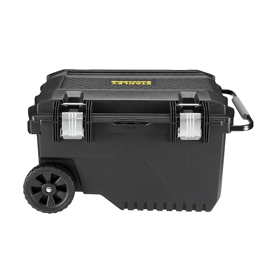 STANLEY FMST1-73601 black wheeled toolbox with silver latches, side handle, photography, side angle.