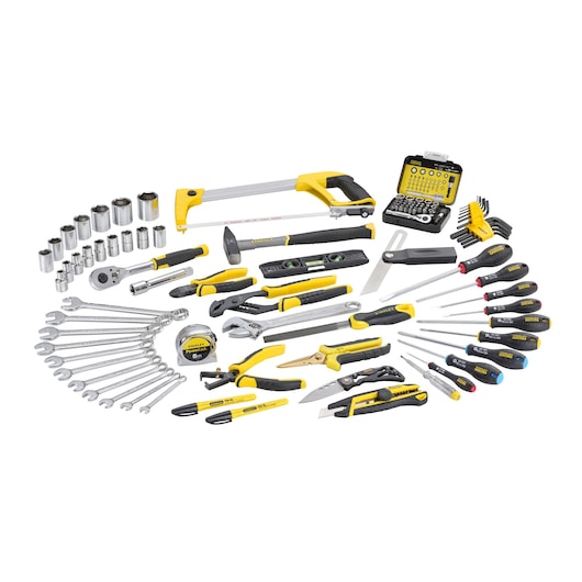 STANLEY FMST1-75530 hand tool kit, assorted tools, yellow and black, photography, top angle.