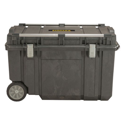 Black Stanley wheeled toolbox with metal latches and a sturdy lid, suitable for equipment storage and transport.