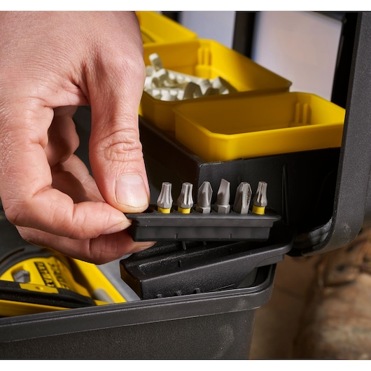 STANLEY FMST1-75791 organizer close-up showing bit holder and yellow compartments.