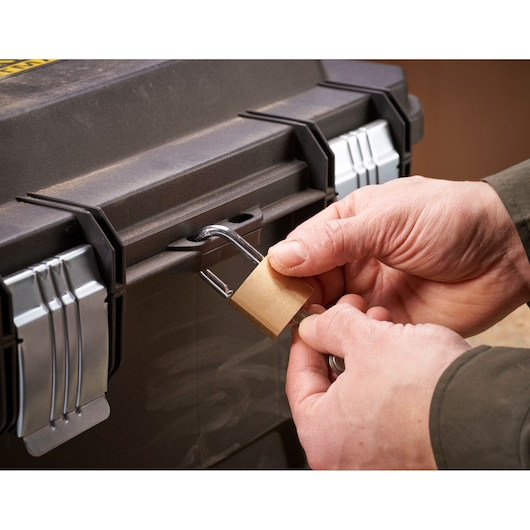 STANLEY FMST1-75792 toolbox front angle with padlock being attached to latch.