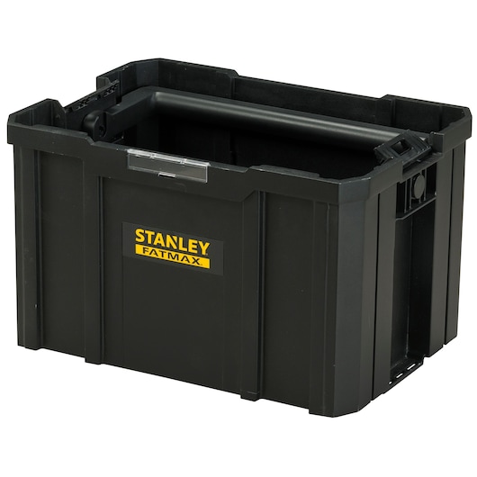STANLEY FMST1-75794 black plastic stackable storage box, front angle, with yellow FATMAX logo.