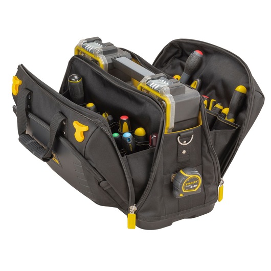 STANLEY FMST1-80147 open tool bag with multiple tools, black fabric, photographed from front angle