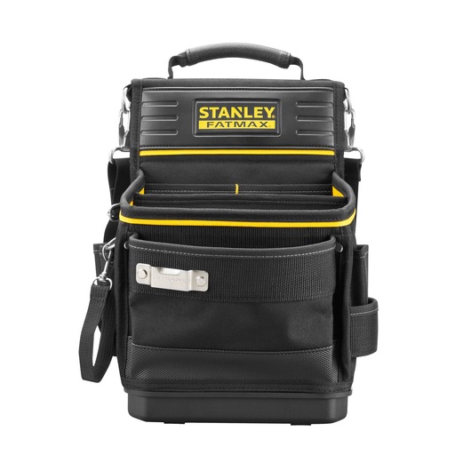 STANLEY FMST17624-1 tool bag, black nylon with yellow accents, front view, multiple pockets.
