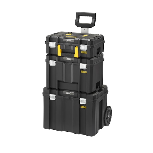 STANLEY FMST75753-9 stackable black tool box trolley with wheels and yellow latches, front angle photo.