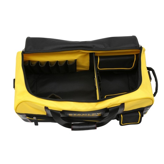 STANLEY FMST82706-1 yellow and black tool bag with open compartments, photographed from above.
